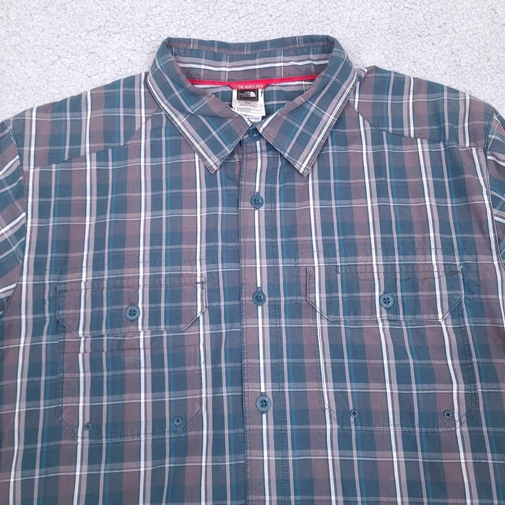 The North‎ Face Shirt Mens Medium Aqua Blue Gray Plaid Button Down Long Sleeve